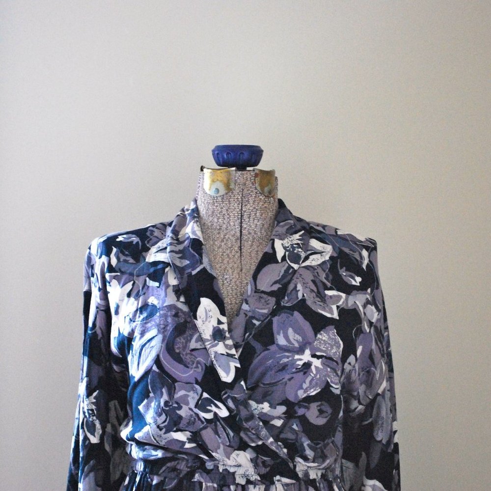 Long Sleeved Grey, White & Blue Floral Dress